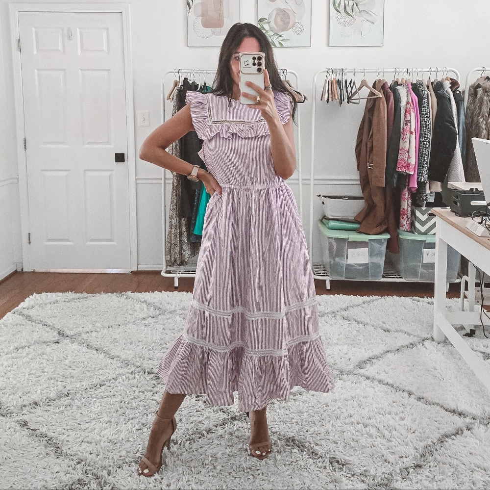 J.Crew Lavender Stripe Ruffle Tiered Midi Dress Size S - Picture 12 of 12